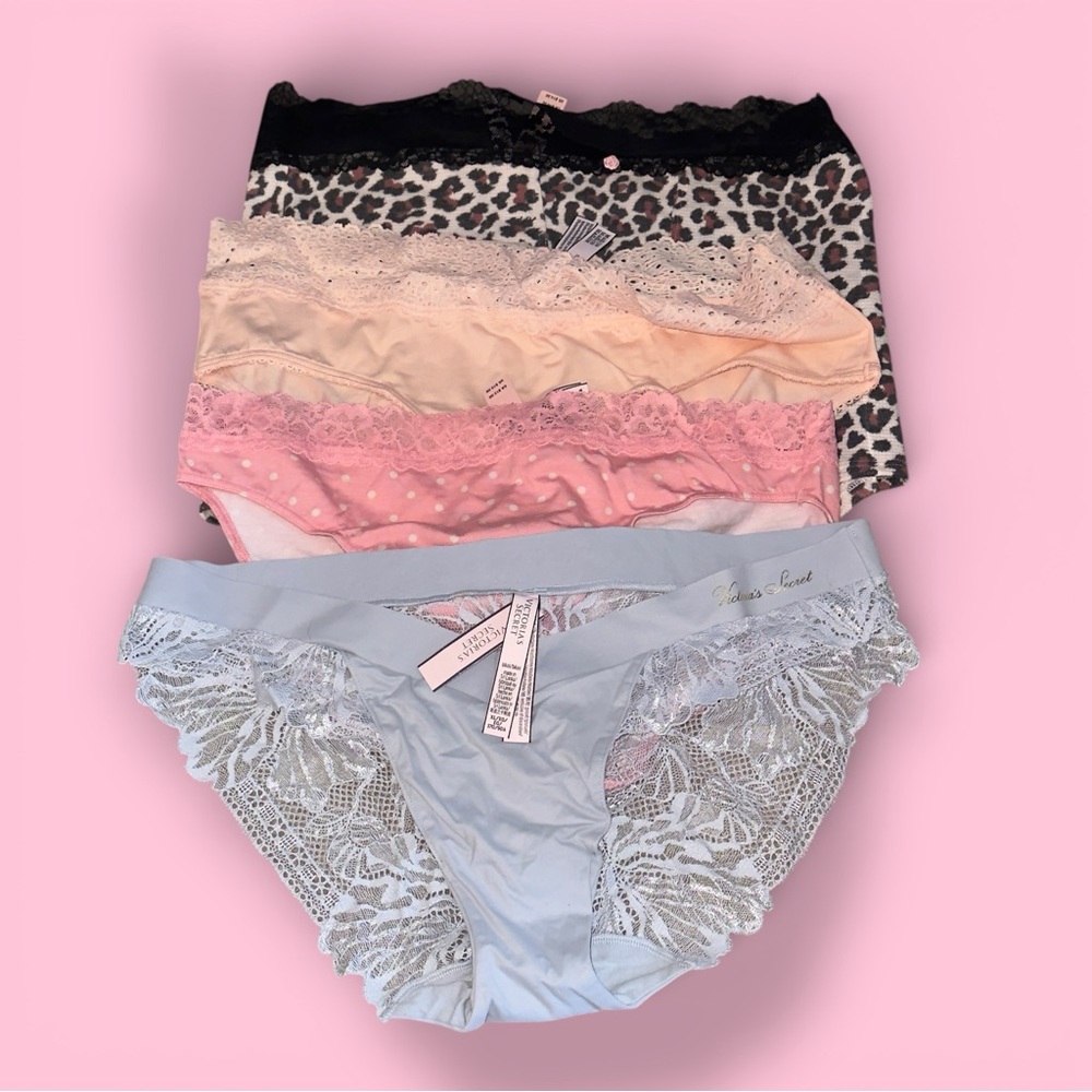 Bundle of 4-(XL) Victoria's Secret Lace & Print Panties Set New-Black,Pink,Blue